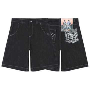 Wiaofellas Hip Hop Pockets Embroidery Letter Print Jeans Shorts for Men Summer Retro Oversized Wide Leg Denim Knee Lenght Pants